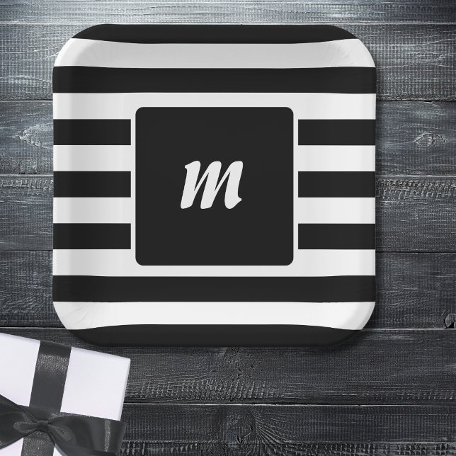 Schwarz-Weiß-Streifen-Monogramm Pappteller (Von Creator hochgeladen)