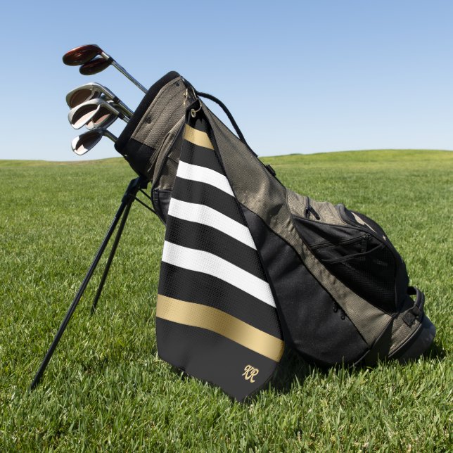 Schwarz-Weiß Streifen Muster Gold Akzente Golfhandtuch (Gras)
