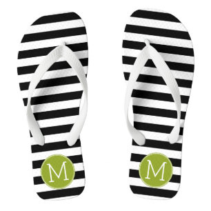 Schwarz-Weiß-Streifen Muster Grüne Monogramm Flip Flops