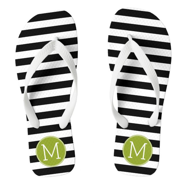 Schwarz-Weiß-Streifen Muster Grüne Monogramm Flip Flops (Fußbett)