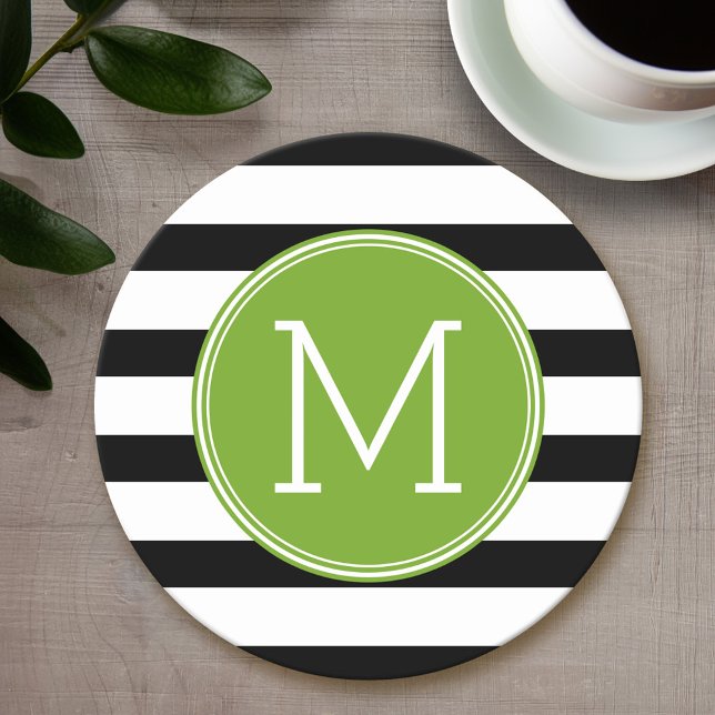 Schwarz-Weiß-Streifen Muster Grüne Monogramm Runder Pappuntersetzer (Personalized coaster - monogram)