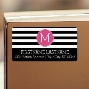 Schwarz-Weiß-Streifen Muster - Hot-Pink-Monogramm Adressaufkleber