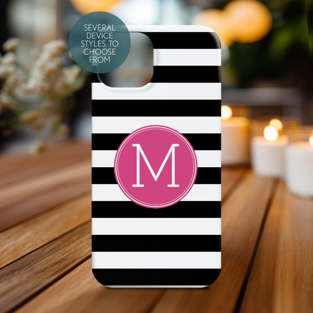 Schwarz-Weiß-Streifen Muster - Hot-Pink-Monogramm iPhone 16 Hülle (Personalized Phone Case with Monogram)