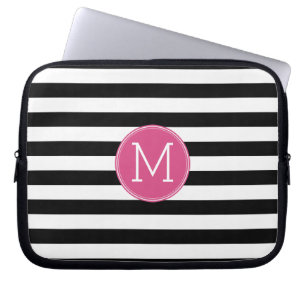 Schwarz-Weiß-Streifen Muster - Hot-Pink-Monogramm Laptopschutzhülle