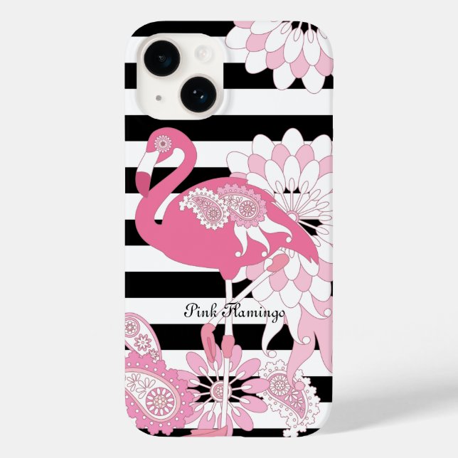 Schwarz-Weiß-Streifen Pink Flamingo Case-Mate iPhone 14 Hülle (Rückseite)