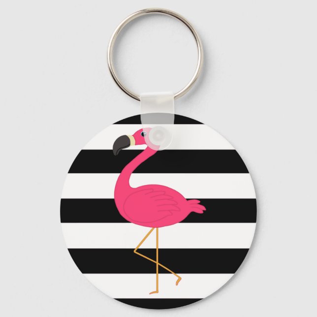 Schwarz-Weiß-Streifen Pink Flamingo Schlüsselanhänger (Vorderseite)