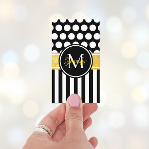 Schwarz Weiß Streifen Polka Punkt Gold Monogramm Visitenkarte