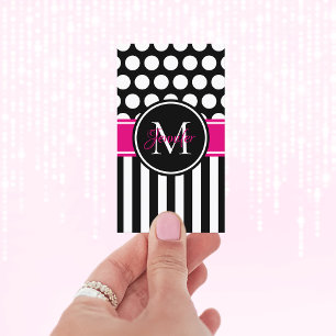 Schwarz Weiß Streifen Polka Punkte Hot Pink Monogr Visitenkarte