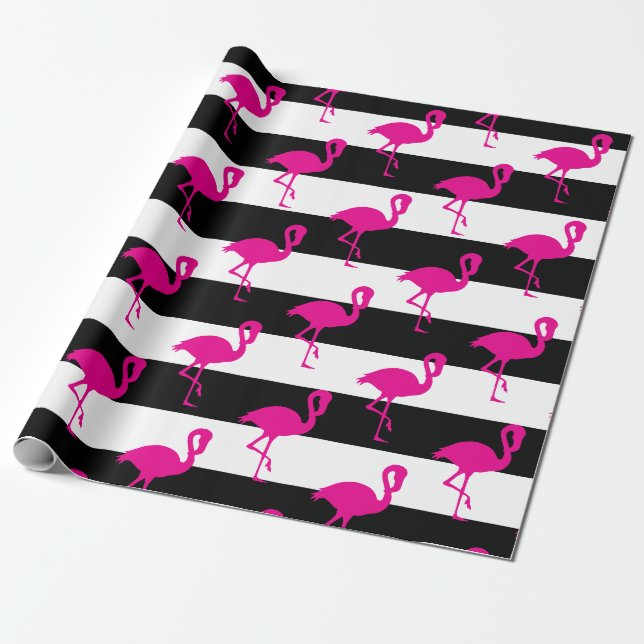 Schwarz-Weiß-Streifen Rosa Flamingo Geschenkpapier (Ungerollt)