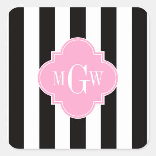Schwarz Weiß Streifen Rosa Vierpass 3 Monogramm Quadratischer Aufkleber