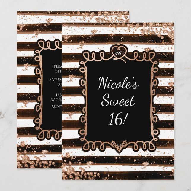 Schwarz-Weiß Streifen Rose Gold Flakes Einladung (Vorne/Hinten)