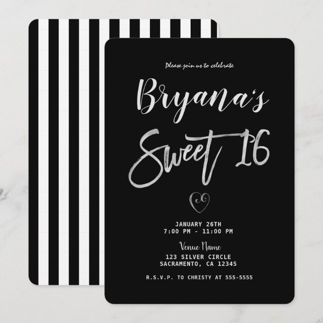 Schwarz & Weiß Streifen Silberherz Chic Sweet 16 Einladung (Vorne/Hinten)