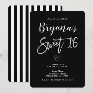 Schwarz-Weiß Streifen Silbernes Herz Chic Sweet 16 Einladung