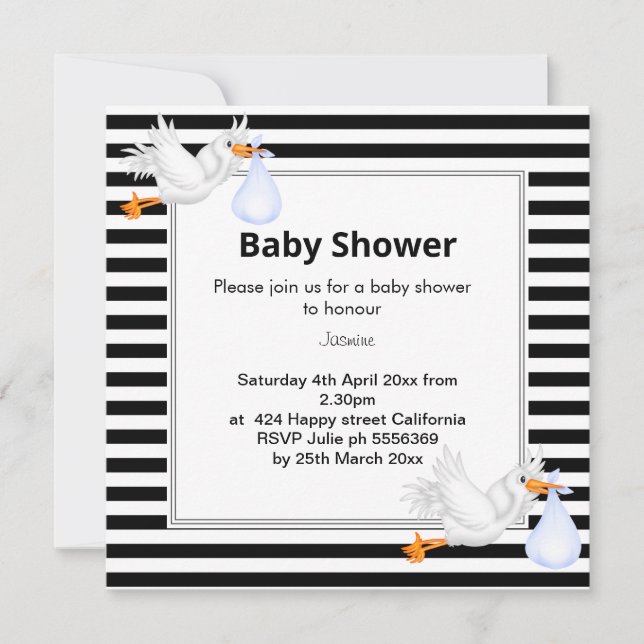 Schwarz-Weiß-Streifen Stork Babydusche Einladung (Vorderseite)