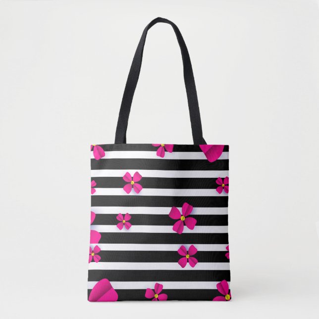 Schwarz-Weiß-Streifen Tasche mit rosa Blume (Vorderseite)