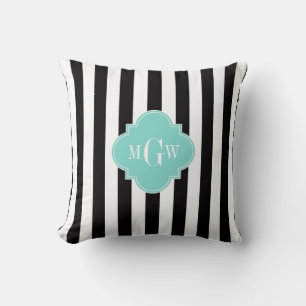 Schwarz Weiß Streifen Türkis Quatrefoil 3 Monogram Kissen