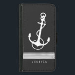 Schwarz-Weiß-Streifen und Anker für Wasserfahrzeug Samsung Galaxy S5 Geldbeutel Hülle<br><div class="desc">Weißer Anker mit dekorativen weißen Streifen und individuell anpassbarem Monogramm auf schwarzem Hintergrund. Wenn Sie Hilfe bei der Anpassung eines meiner Designs benötigen,  kontaktieren Sie ArtOnWear Designer. Kostenlose Textformatierung mit Live-Hilfe auf Anfrage.</div>