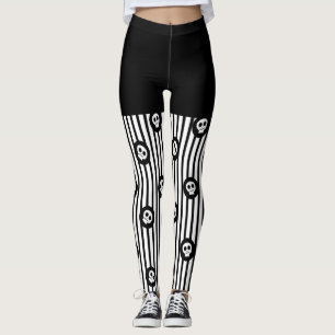 Schwarz-Weiß-Streifen und kleine Schädel Halloween Leggings