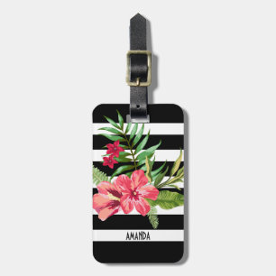 Schwarz-Weiß-Streifen und rosa Blumen Gepäckanhänger