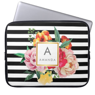 Schwarz-Weiß-Streifen Wasserfarbene Blume Laptopschutzhülle