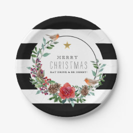 Schwarz & Weiß Streifen Weihnachten Robin Wreath Pappteller