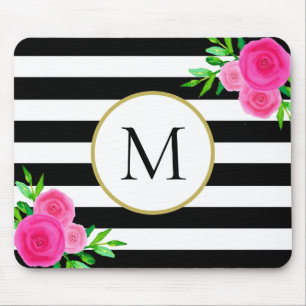Schwarz-weiß Strickfarbene Floral Monogramm Mousepad