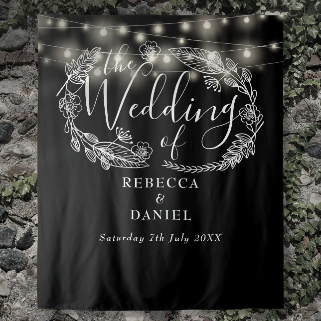 Schwarz-Weiß-String-Leuchten - Hintergrund für Hoc Wandteppich (Black And White String Lights Wedding Backdrop)