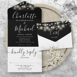 Schwarz-Weiß-String-Lichter Chic-Script-Hochzeit All In One Einladung
