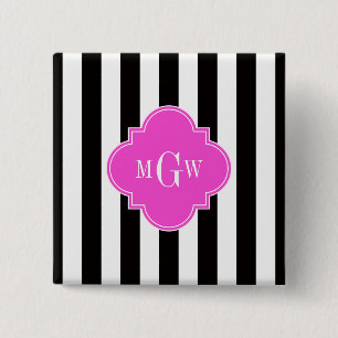 Schwarz-weiß Strip Hot Pink Quatrefolie 3 Monogra Button