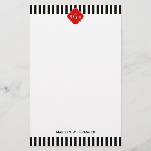 Schwarz-weiß Strip Red Quatrefolie 3 Monogramm Briefpapier (Vorderseite)