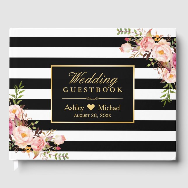Schwarz-weiß Stripes Floral Wedbook Gästebuch (Vorderseite)