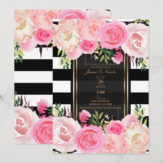 Schwarz-weiß Stripes Gold Rosa Blumenzehen Einladung (Vorne/Hinten)