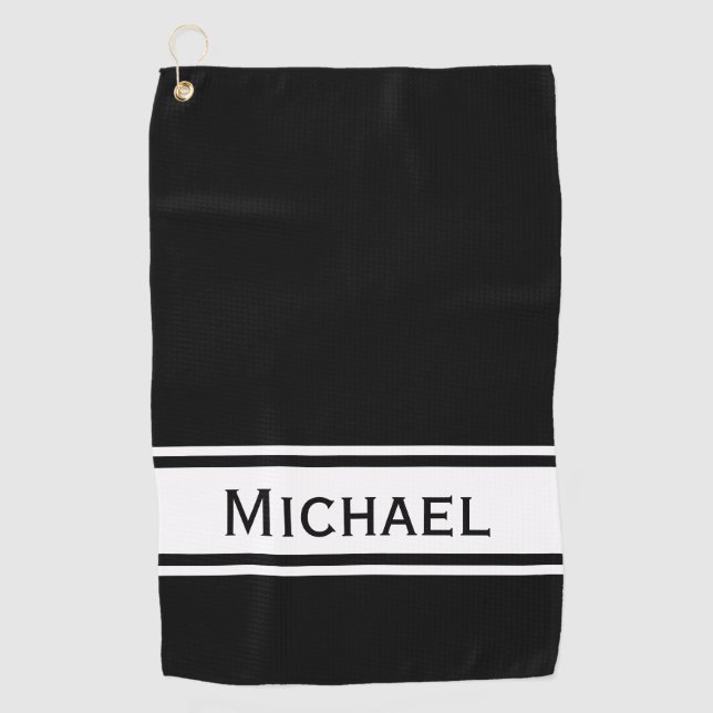 Schwarz-weiß StripModern Name Monogram Golfhandtuch (Vorderseite)