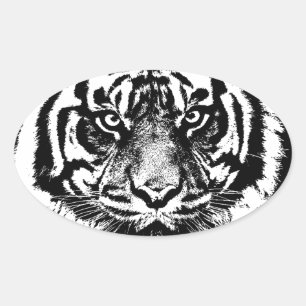 Schwarz-weiß Sumatran Borneo Tiger Eye Artwork Ovaler Aufkleber