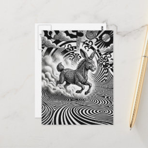 Schwarz Weiß Surreal Fantasie Kaninchen Pferd Krea Postkarte