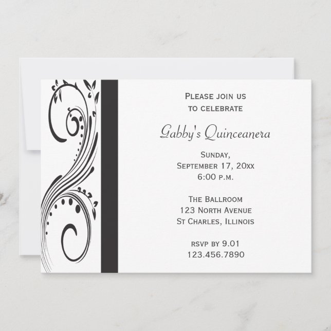 Schwarz-Weiß-Swirl Quinceañera Einladung (Vorderseite)