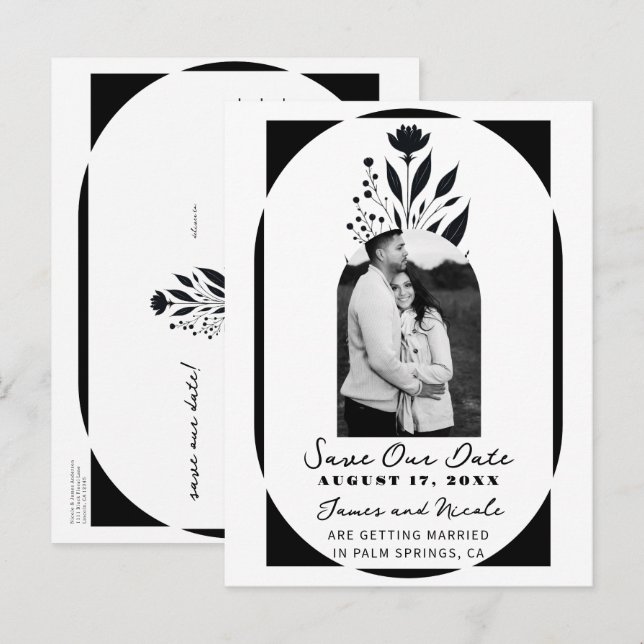 Schwarz-Weiß-Tal Blumen Moderne Save the Date Ankündigungspostkarte (Vorne/Hinten)