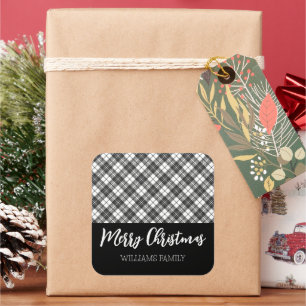 Schwarz-weiß Tartan Frohe Weihnachten Individuelle Quadratischer Aufkleber