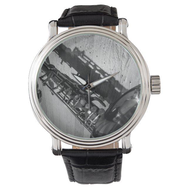 Schwarz-Weiß-Tenor-Saxophon Armbanduhr (Vorderseite)