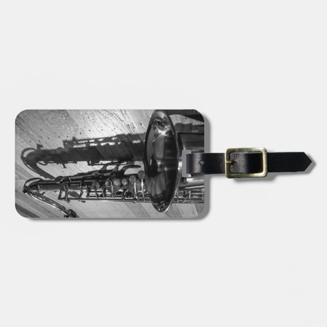 Schwarz-Weiß-Tenor-Saxophon individuell anpassbar Gepäckanhänger (Vorderseite horizontal)