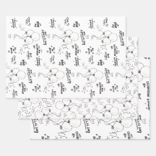 Schwarz-weiß Text Doodle Ballon Happy Birthday Geschenkpapier Set
