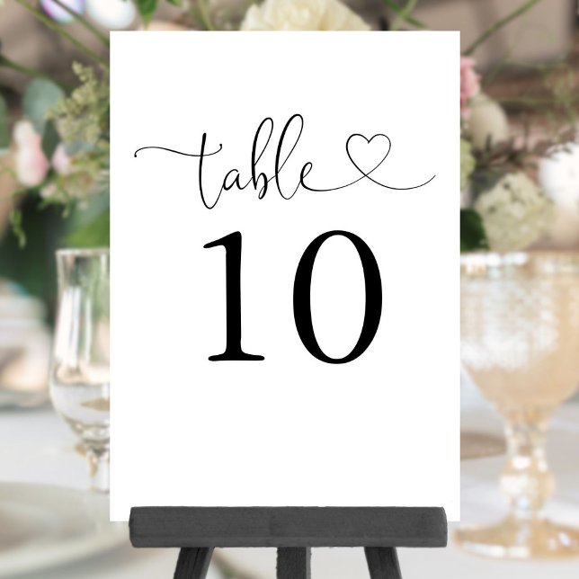 Schwarz-Weiß-Tischnummer für Herzschrift Einladung (Heart Script Black And White Table Number)