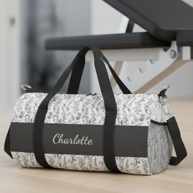 Schwarz-weiß-Toile-Blumenmuster mit individuellem  Duffle Bag (black and white minimalist toile pattern duffle bag with custom name for gift for her)