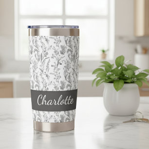 Schwarz Weiß Toile Blumenmuster mit individuellem  Thermobecher