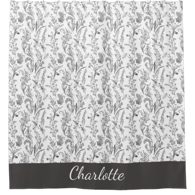 Schwarz-weiß Toile Floral Benutzername Duschvorhang (Vorderseite)