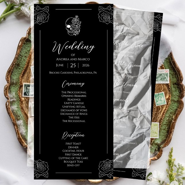 Schwarz-Weiß-Totenkopf-Gotik-Hochzeitsprogramm (Black And White Tattoo Gothic Wedding Program)