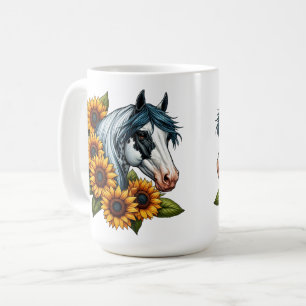 Schwarz-Weiß Tovero Paint Horse und Sonnenblumen Kaffeetasse