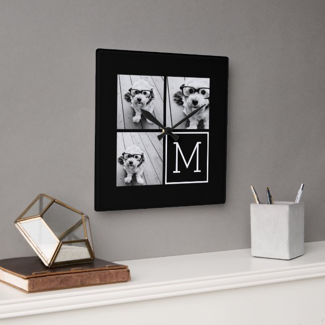 Schwarz-Weiß-Trendfoto-Collage mit Monogramm Quadratische Wanduhr (Büro)
