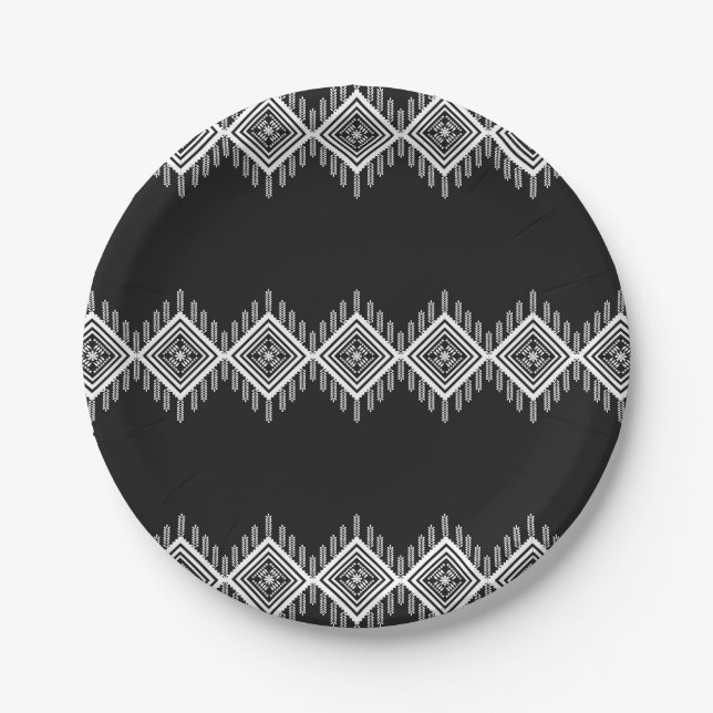 Schwarz-Weiß-Tribal Pappteller (Vorderseite)