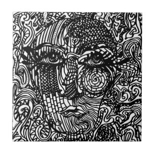 Schwarz-Weiß-Trippy-Line-Portrait Fliese